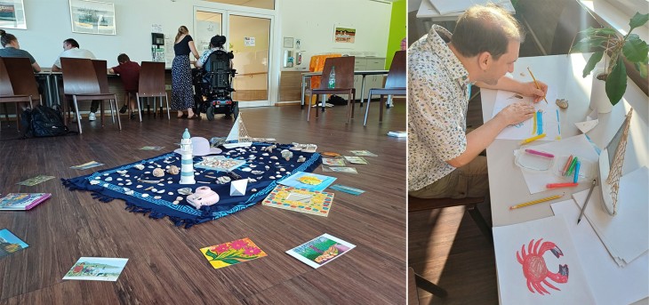 In einer entspannten und stimulierenden Umgebung wurden die Teilnehmenden erstmals kreativ. Mithilfe der Kunstpädagogin Susi Mallett wurden die Möglichkeiten für die Umsetzung der Ideen besprochen. In einer entspannten und stimulierenden Umgebung wurden die Teilnehmenden erstmals kreativ. Mithilfe der Kunstpädagogin Susi Mallett wurden die Möglichkeiten für die Umsetzung der Ideen besprochen.