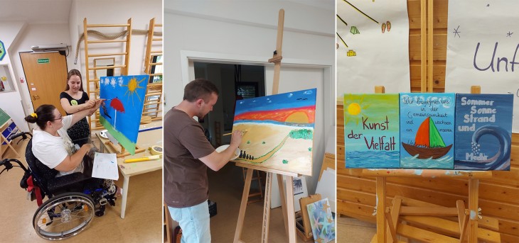 Von links nach rechts: Claudia Giosia mit ihrem Kunstwerk „Frei nach Branksy“, Alexander Kraft mit seinem Kunstwerk „Sehnsucht“, Bilder zu dem Motto der Ausstellung Von links nach rechts: Claudia Giosia mit ihrem Kunstwerk „Frei nach Branksy“, Alexander Kraft mit seinem Kunstwerk „Sehnsucht“, Bilder zu dem Motto der Ausstellung