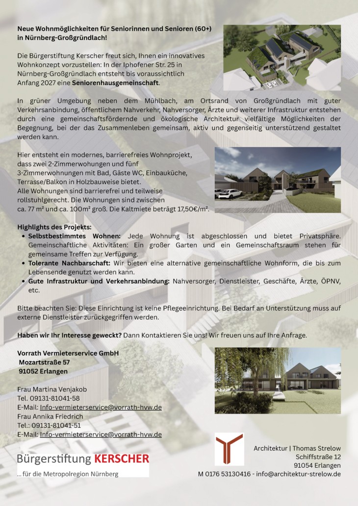Neue Wohnmöglichkeiten für Seniorinnen und Senioren (60+) in Nürnberg-Großgründlach!